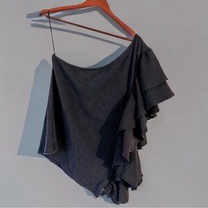 Anthropologie One Shoulder Ruffle Blouse L‎ Black Asymmetric Trendy Feminine